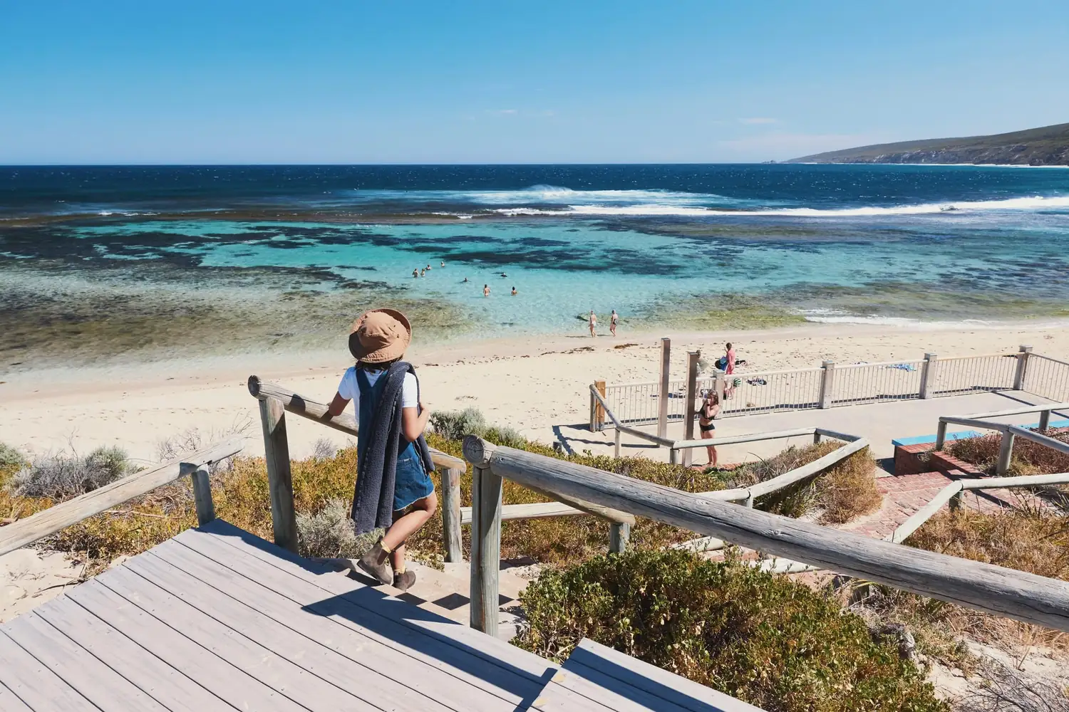 Wooden steps down to a turquoise swimming beach near Margaret River