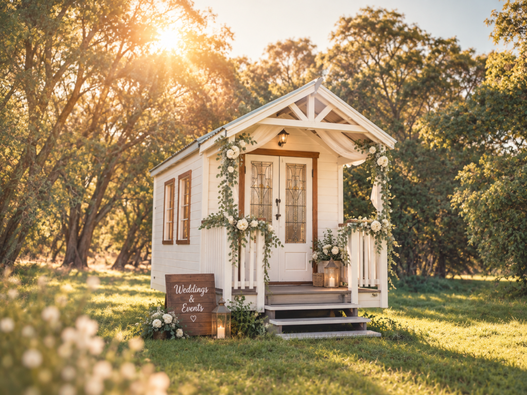 tiny wedding chapel in a forest scene